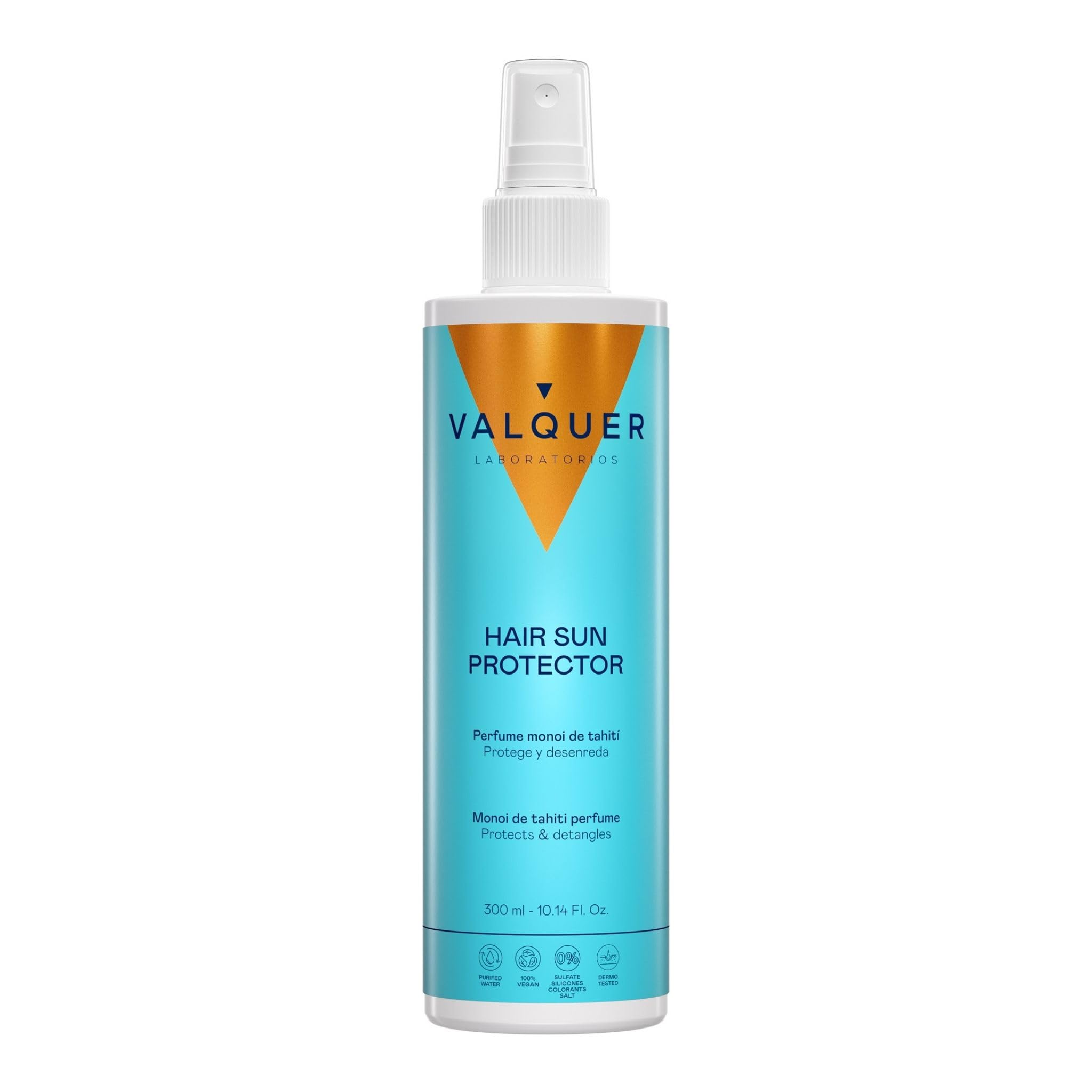 VALQUER Protector Solar Capilar en Spray | Acondicionador Desenredante con Vitamina B5 y Fórmula Zero | Hidratación y Protección UV | Aroma Monoi de Tahiti | 300 ml