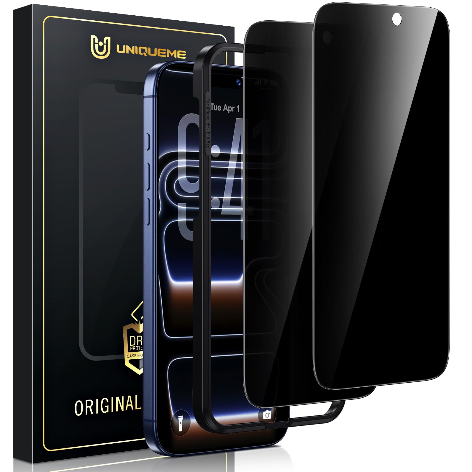 UniqueMe Full Screen Sichtschutz für iPhone 17 Pro Max Panzer Schutz Glas [9H Härte], [Bläschenfrei, Kratzfest] Schutzfolie 2 Stück mit Positionierhilfe