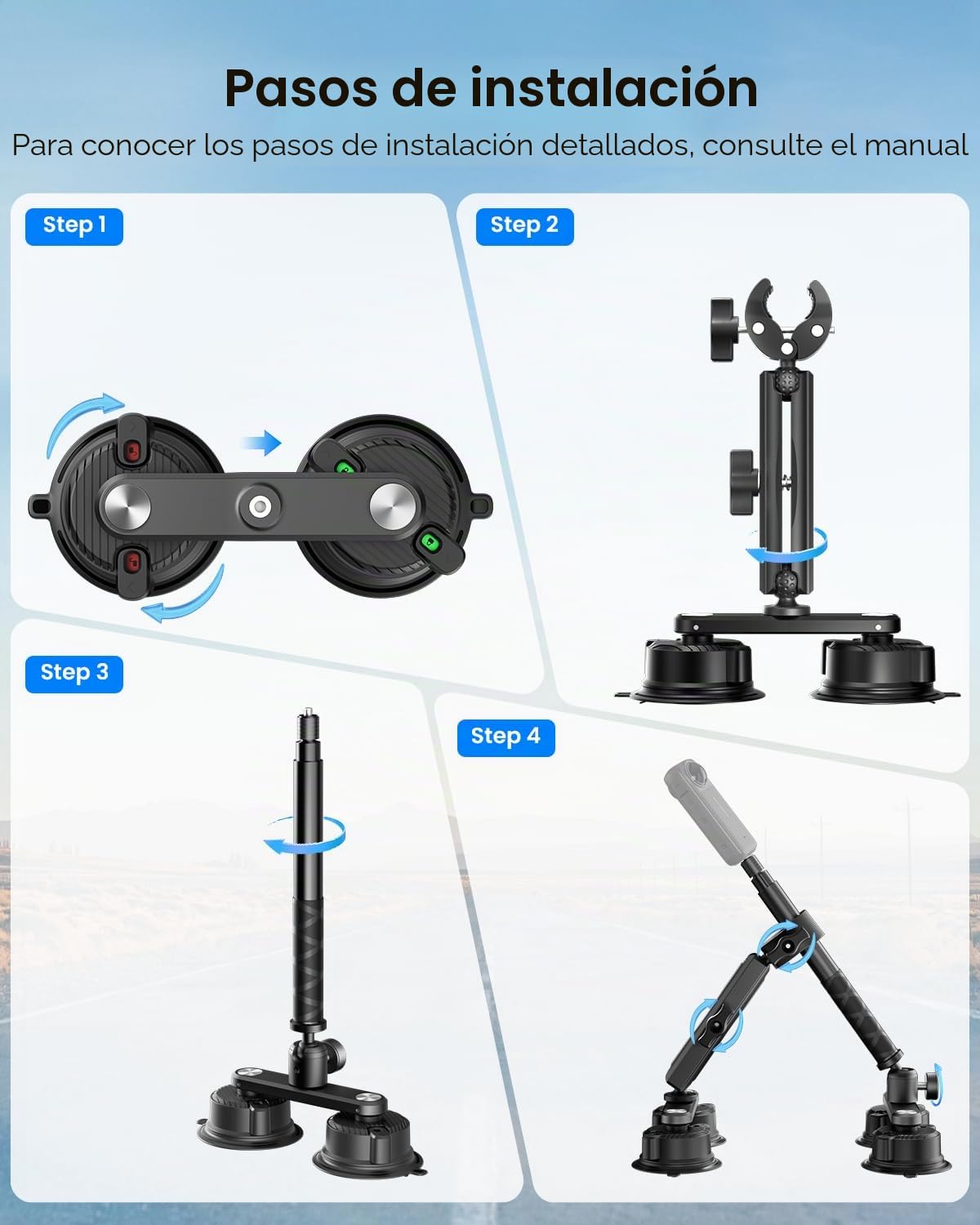 Kit Soporte Coche 4 Ventos para Insta360 X5 X4 Soportes CAM Acción | Trípode coche para Insta360 X5 accesorios, soportes cam 360 para GoPro, soporte ventosa para Osmo Action 6/5, vlog viaje