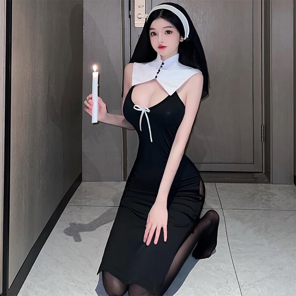 Temptshow Women's cosplay nun underwear mischievous anime maid high slit sexy dress