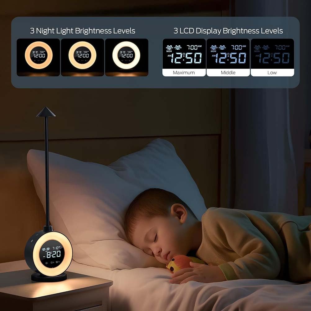 AoLa LED Nachttischlampe mit Touch Dimmbar Tischlampe lnnen mit Uhr/Schlummerfunktion/Wecker Nachtlicht Verstellbar 3 RGB Modi Deko Lampe, 7 White Noise Kinder Nachtlampe Baby Stilllicht