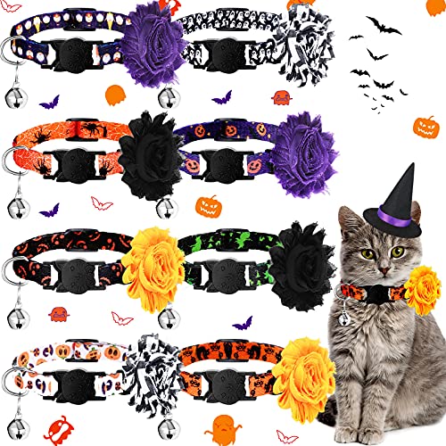 8 Pieces Halloween Cat Collar Breakaway Cat Collar with Bell and Detachable Flower Charm Adjustable Pet Halloween Collar Pumpkin Ghost Cat Dwarf Doll Collar Apparel Accessories for Cat Halloween Party