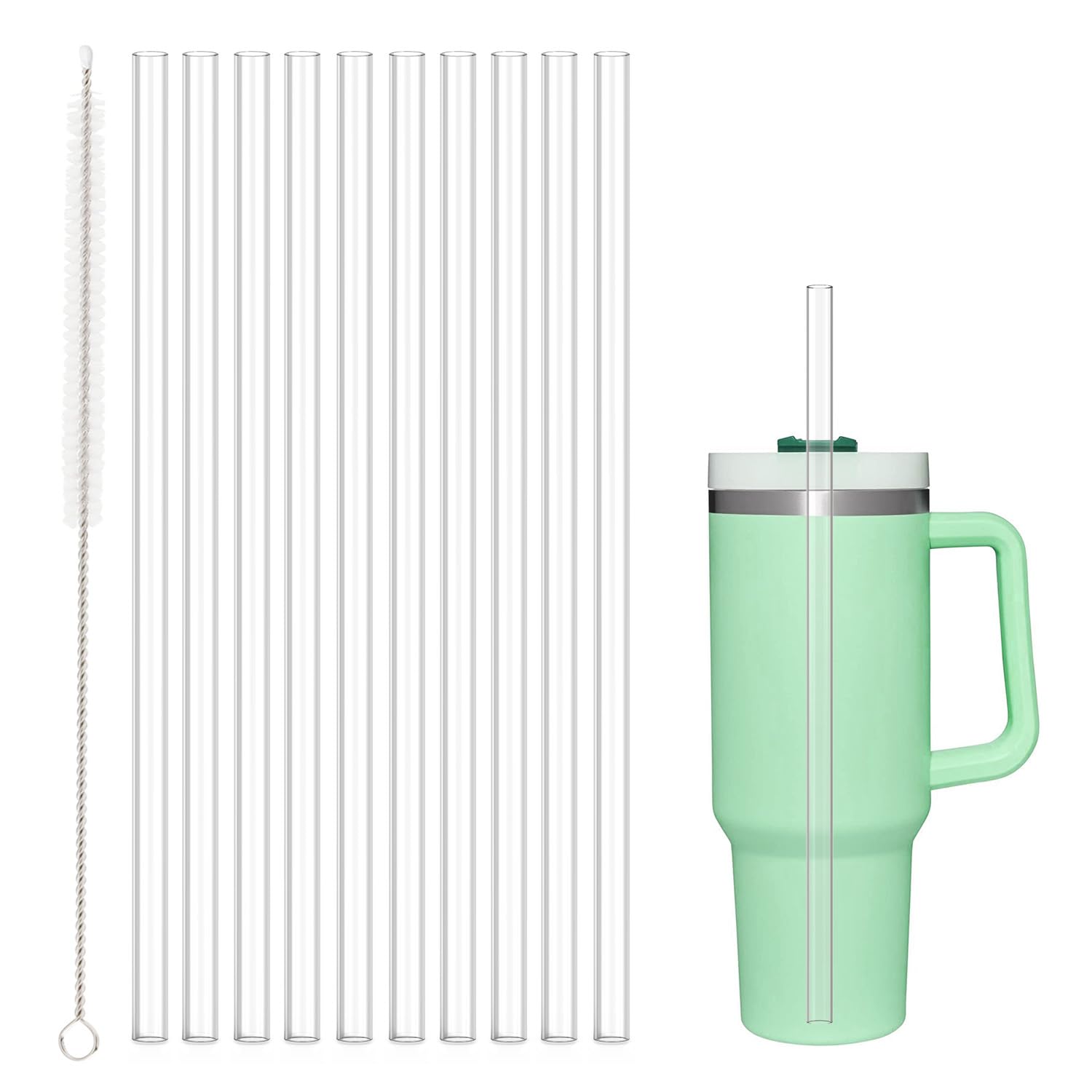10 Pcs Replacement Straws Compatible with Stanley 40 oz 30 oz 64 oz Cup Tumbler, Reusable Plastic Straws with Cleaning Brush, Compatible with Stanley Adventure Travel Tumbler（12inch Long）