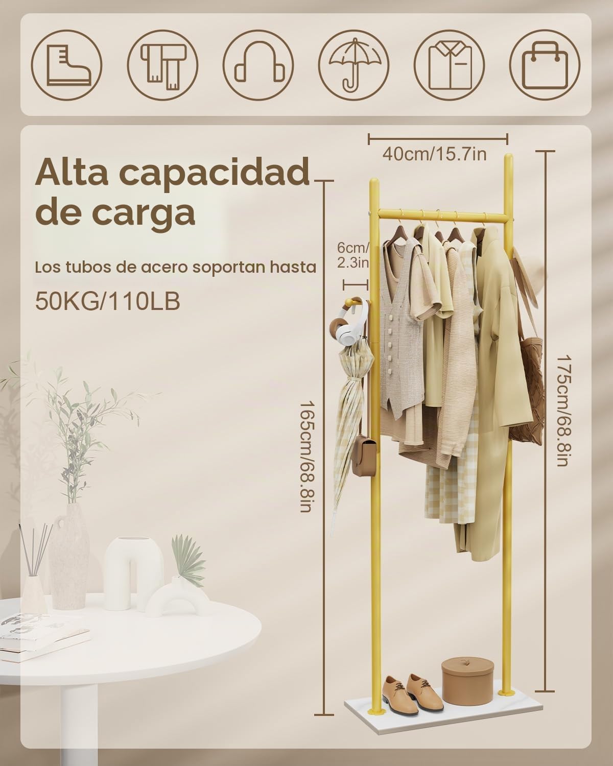 Perchero de Pie, Metal Perchas Independientes, 50x30x175 cm, Golden | Gran Colgador de Ropa Moderno Resistente con Placa Inferior de Roca Gruesa y 2 Ganchos, para Oficina, Dormitorio