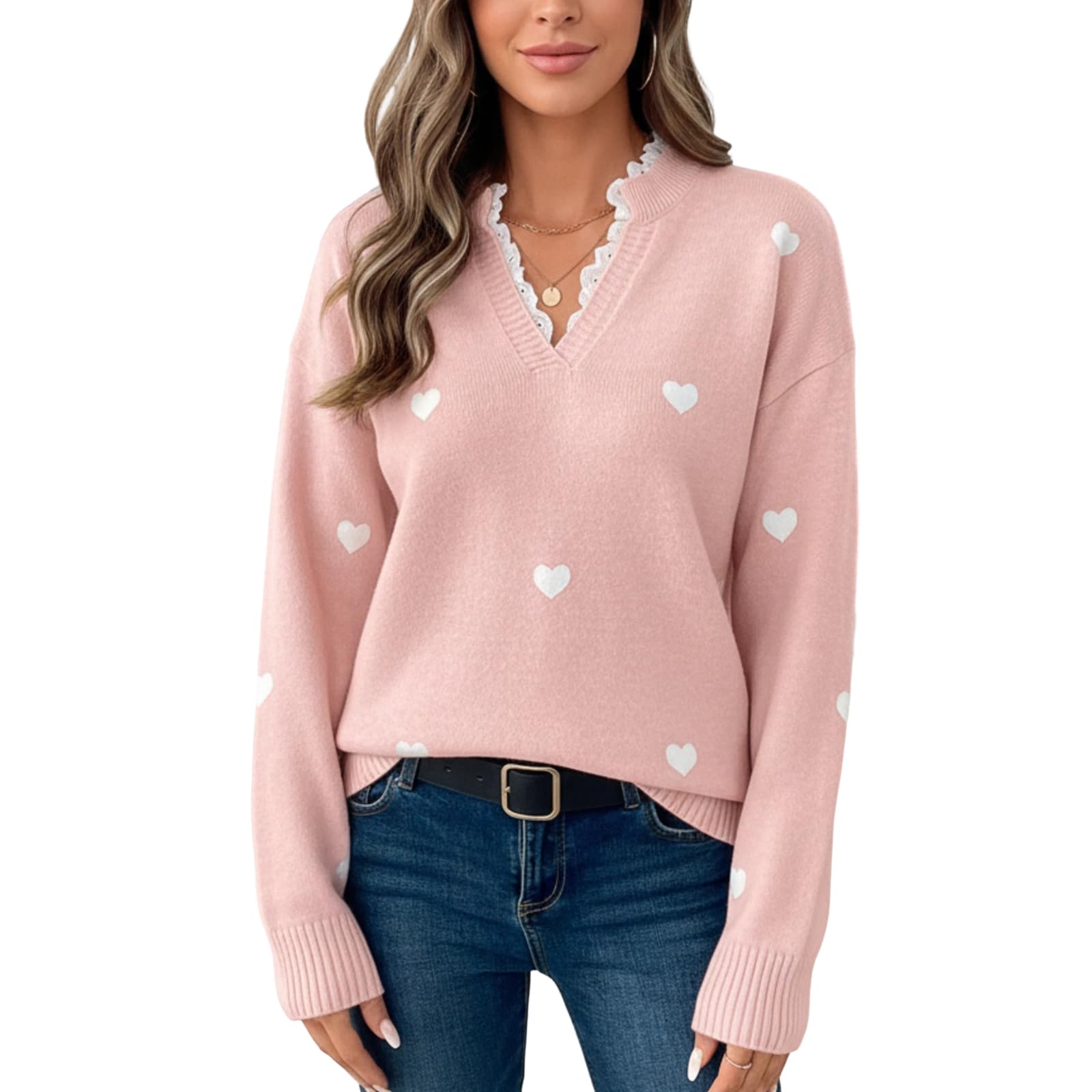 Womens Heart Print Lace Trim V-Neck Sweater Long Sleeve Soft Knitted Pullover Cute Casual Fall Winter Outfits Top