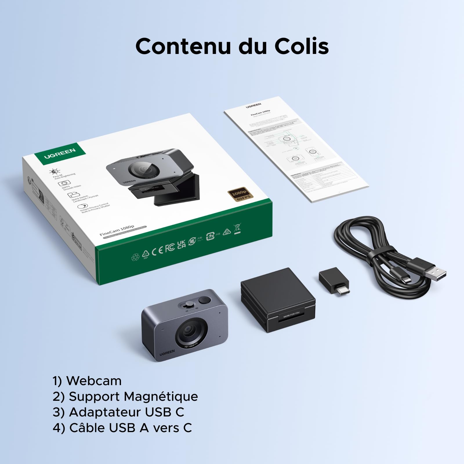 UGREEN FineCam Webcam Full HD 1080P 60FPS Caméra USB PC Mise au Point Fixe