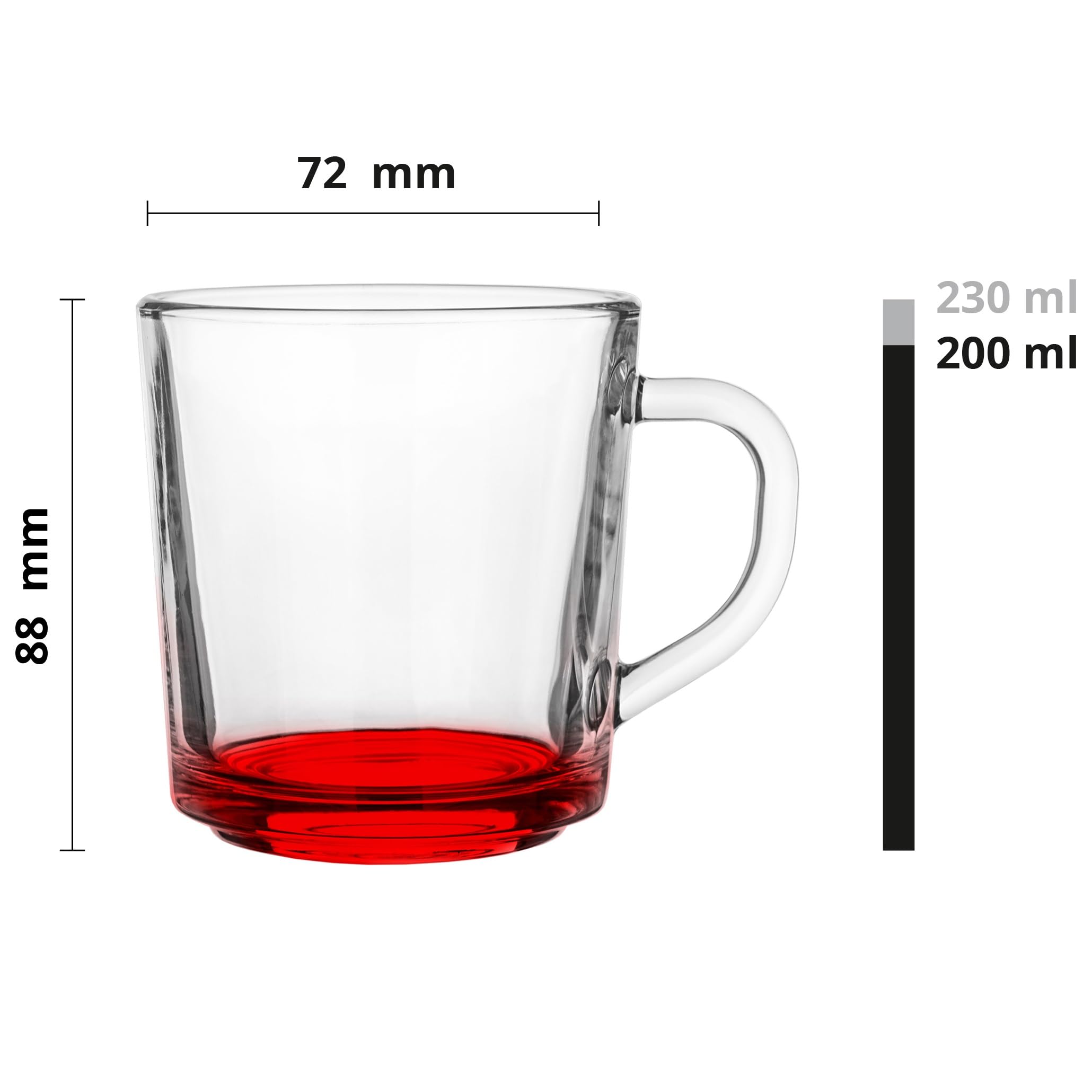 Glasmark KROSNO, 230ml, Zestaw 6 szt., Szklane kubki, szklanki z uchwytem, kolorowe dno, szklanka do herbaty, kubek, szklany kubek z uchem, klasyczny i uniwersalny styl