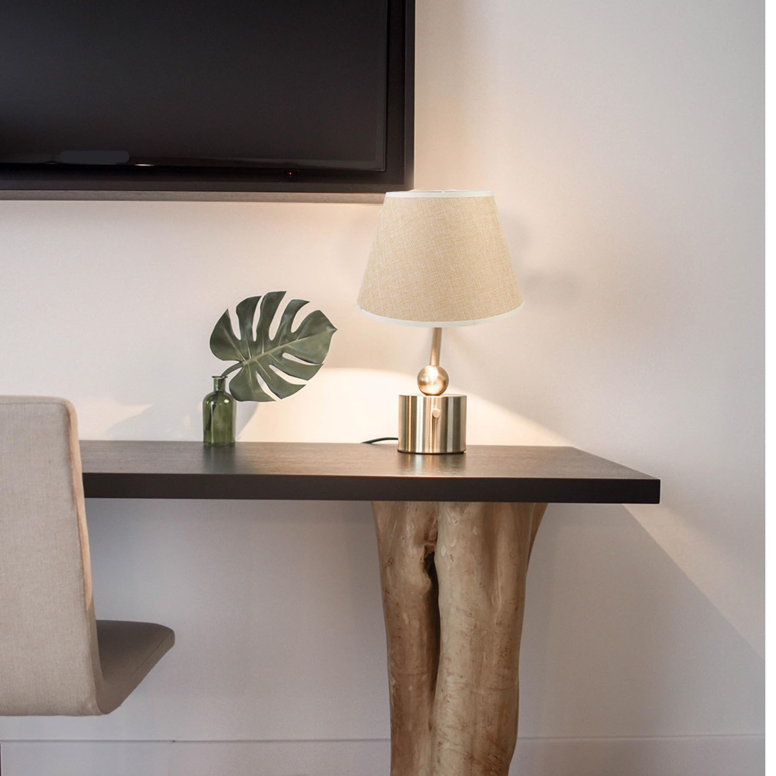 POPETPOP Pantalla de Lámpara E27 de Lino Beige para Mesa, Luz Suave y Hecha a Mano, Accesorio Natural y Cómodo para Escritorio o Mesita de Noche