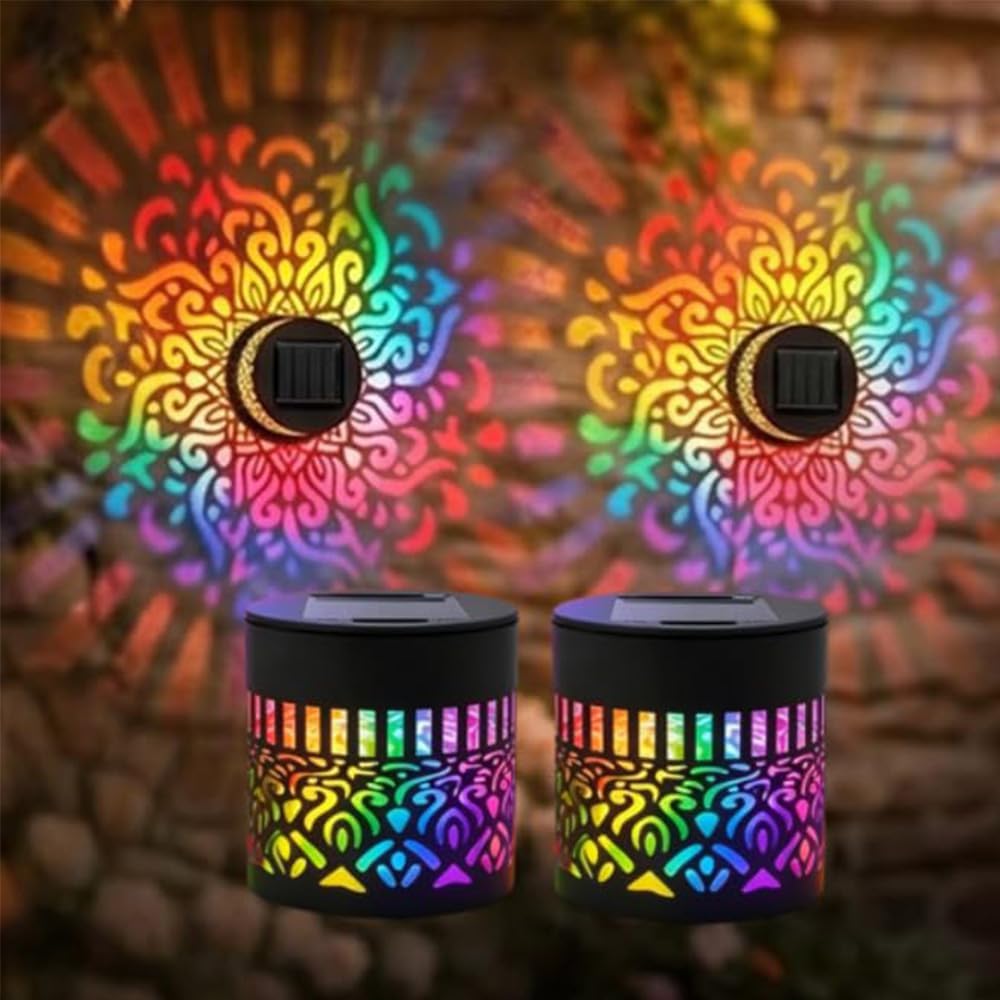 Pipihome Solar Mandala Wall Lights for Garden, 2 Pcs Solar Garden Lights Outdoor, Seven-Color Fence Lights, Waterproof Metal Wall Lamp for Garden Wall Yard Backyard Patio Ambient Decor