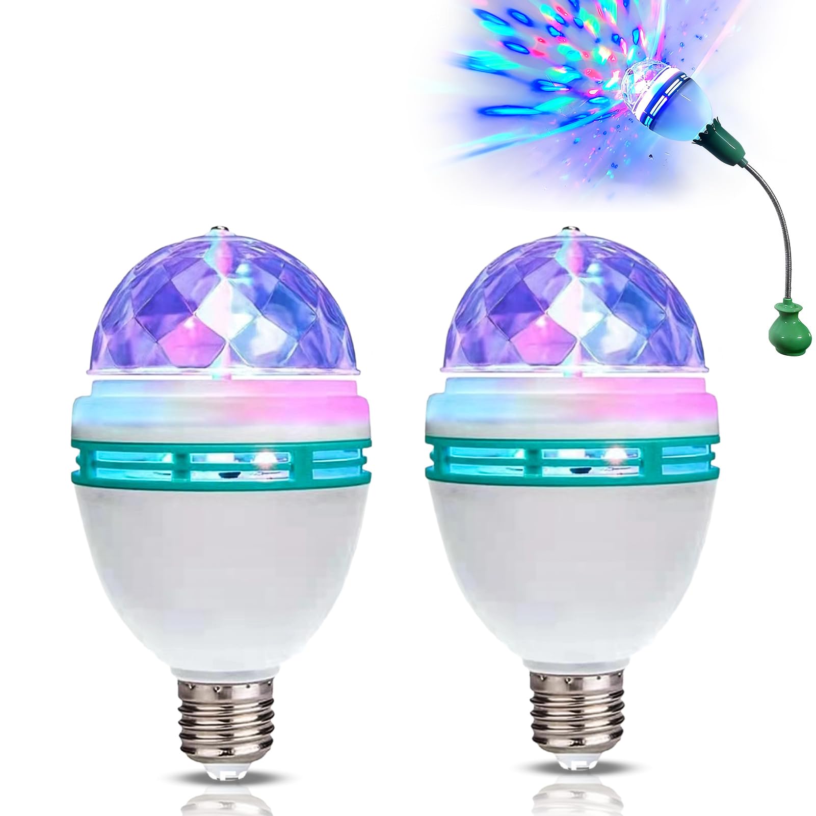 Agatige E27 Disco Light Bulb, 3W LED Full Color Rotating Auto Crystal Ball Bulb Mini Party Light Lamp Energy Saving Disco Strobe Light Bulb Multi Crystal Stage Lights for All Lamps with E27 Socket (2)