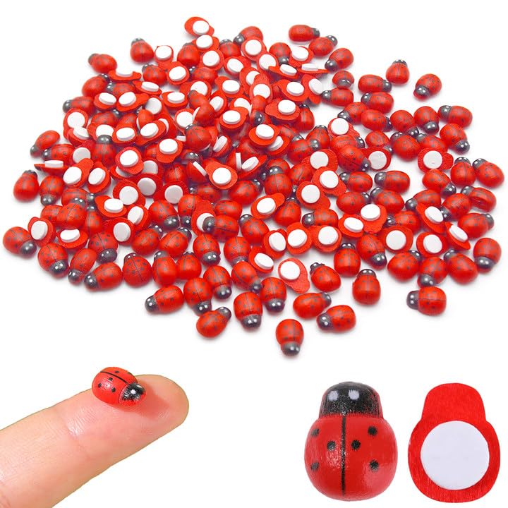 PXBSNB 200 Stück Holz Marienkäfer, Selbstklebend Marienkäfer, Mini Glückskäfer, Mini Glücksbringer Marienkäfer, Miniatur Marienkäfer Deko für DIY Handwerk Scrapbooking Bastelarbeiten (9×12MM)
