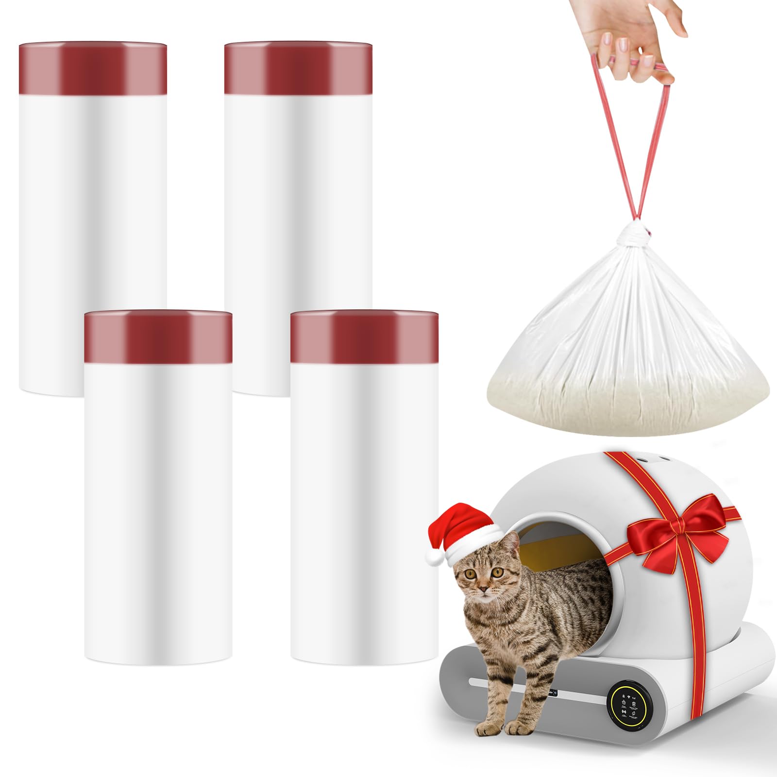 Bolsas de basura para gatos para limpieza automática de cajas de arena, 19.7 x 17.7 pulgadas, color negro (4 paquetes/80 unidades), color blanco y rojo