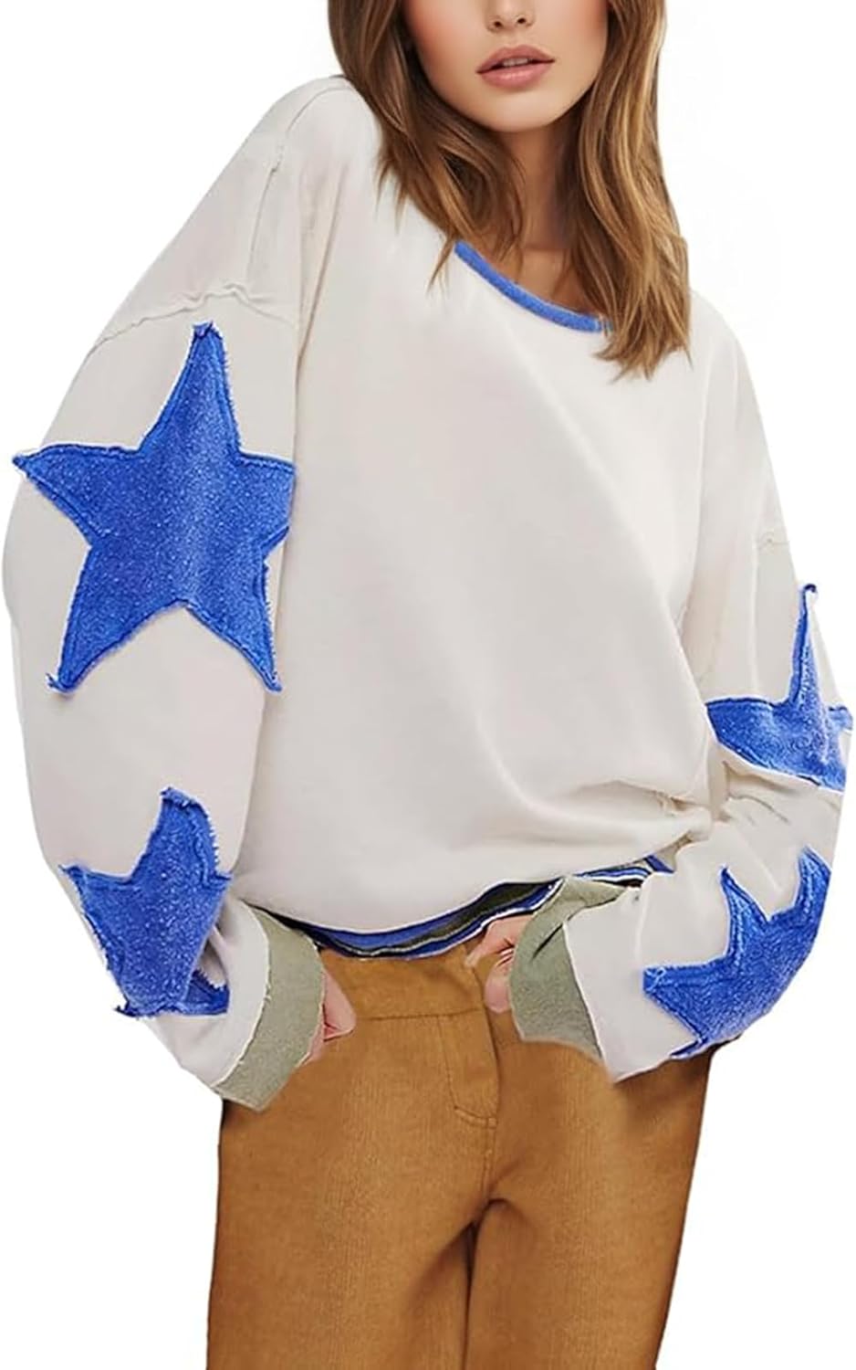 peassa Oversized Sweatshirt for Women Long Sleeve Star Graphic Sweatshirt Lightweight Crewneck Pullover Fall Top