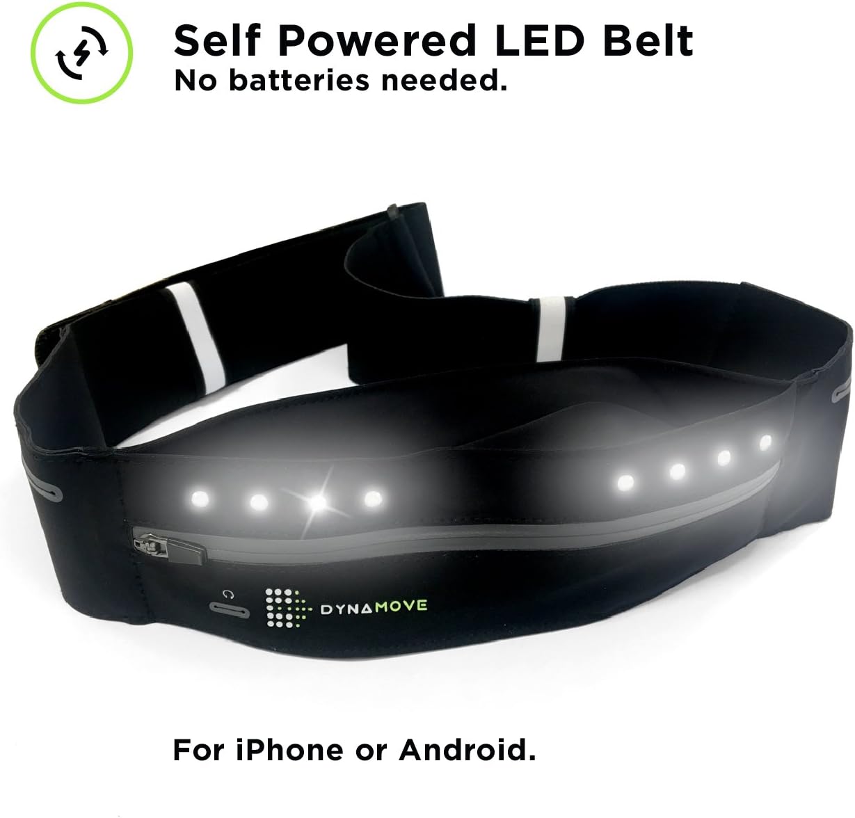 Running belt for Iphone or Android with Motion Powered LEDs - no battery or charging needed. Adjustable perfect fit for Men & Women (Small)