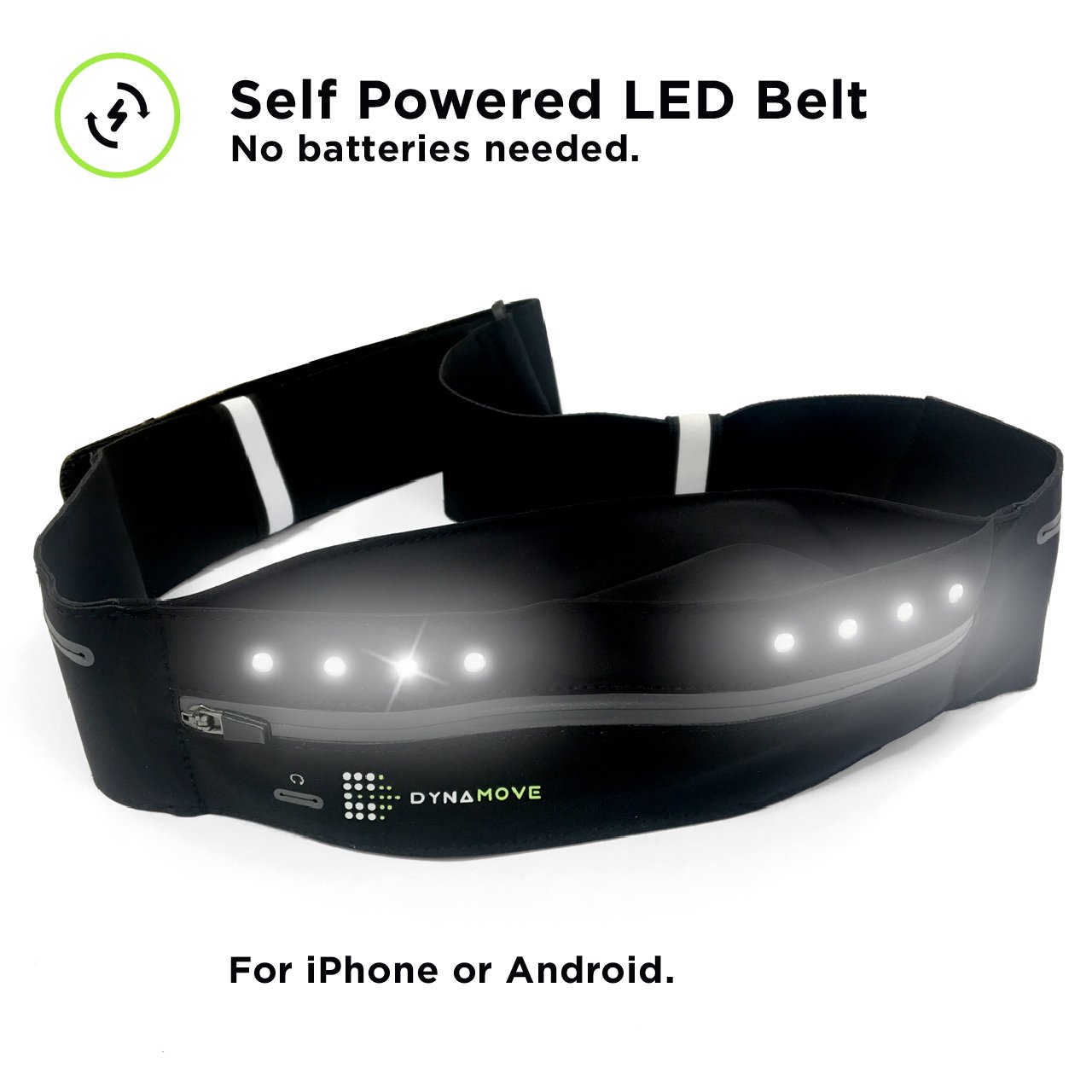 Running belt for Iphone or Android with Motion Powered LEDs - no battery or charging needed. Adjustable perfect fit for Men & Women (Small)