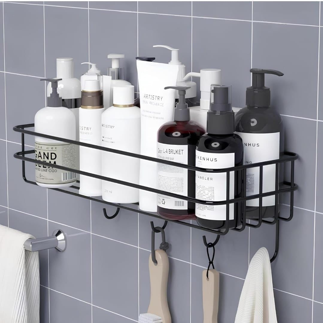 TEKCOOL Aluminium Self-Adhesive Bathroom Shelf with Hooks - Space-Saving Wall Mounted Shelf for Bathroom Essentials - Durable, No-Drill Required - Sleek Design. (Pack of 1)
