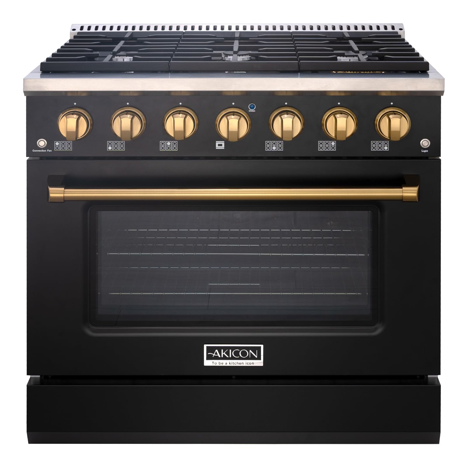 Akicon 36" Slide-in Freestanding Professional Style Gas Range with 5.2 Cu. Ft. Oven, 6 Burners, Convection Fan, Cast Iron Grates, &amp; Blue Porcelain Oven Interior, In Black with Gold