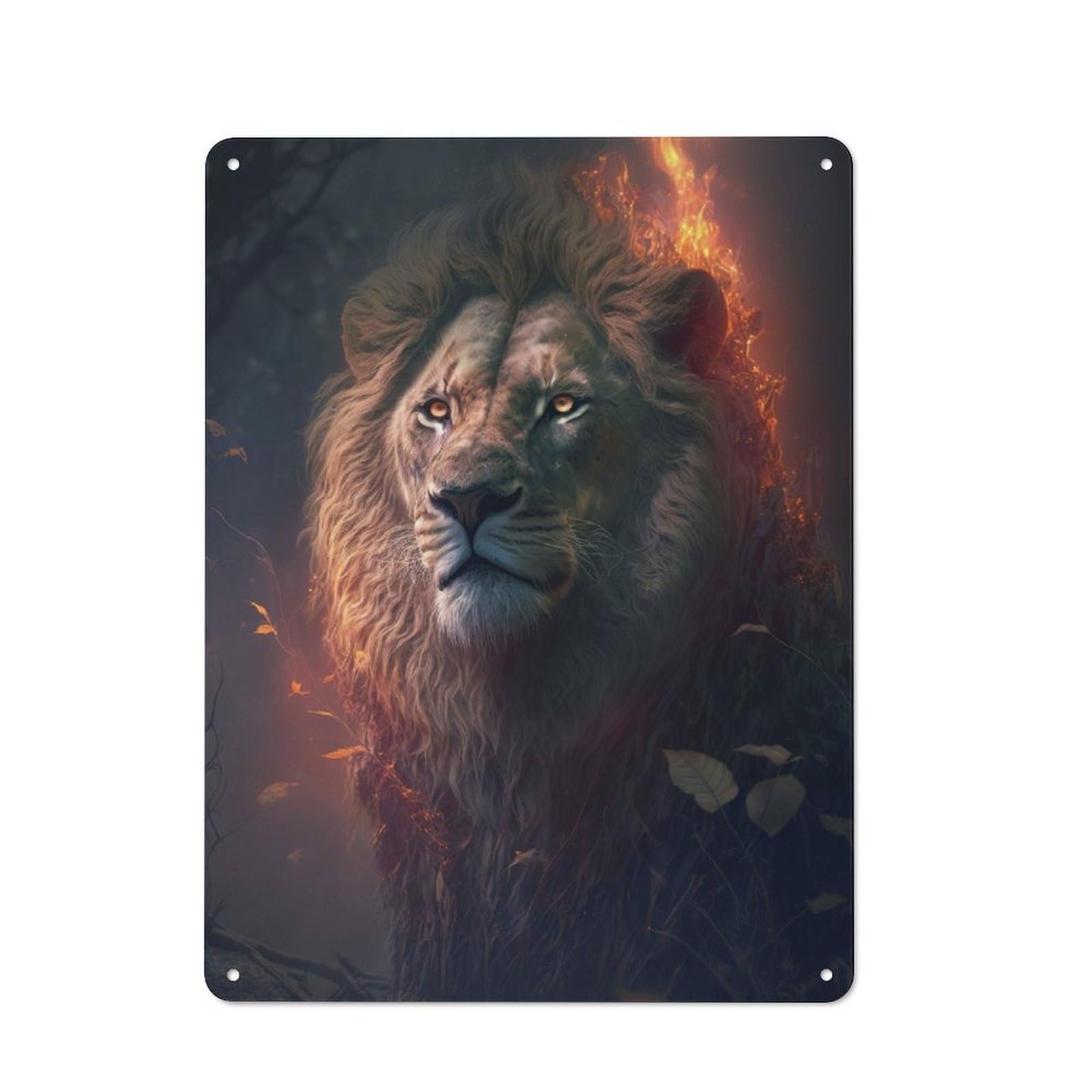 Industrial Decorative Metal Plaque 40x30cm Featuring Burning Fantasy Lion, Urban Room Decor for Flat, Bar, Studio Or Gallery Wall