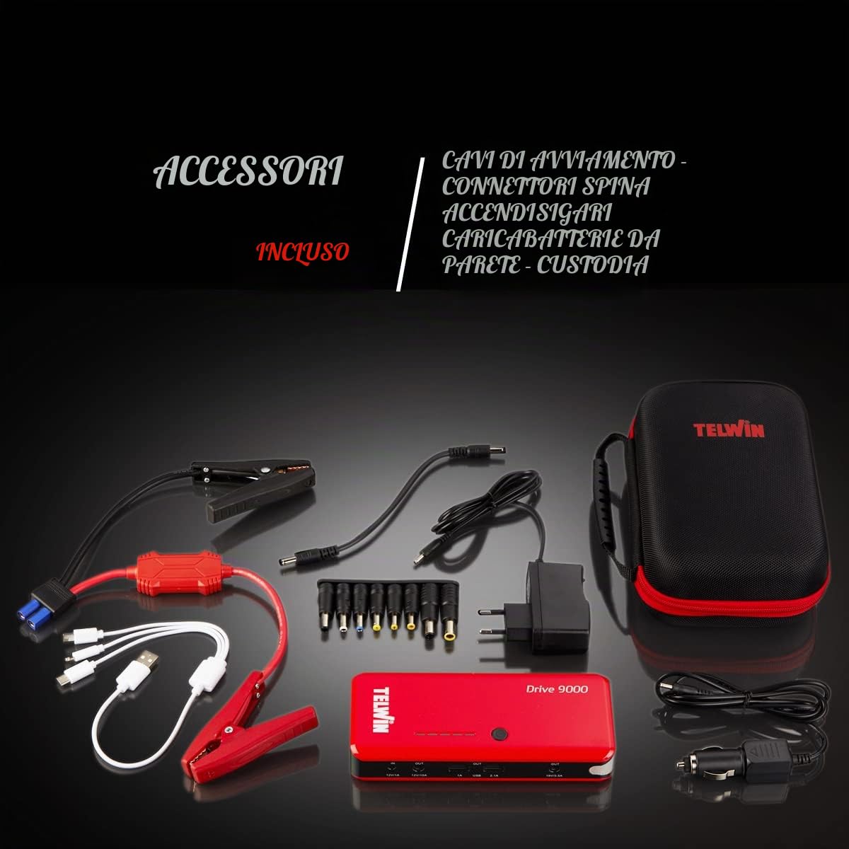 Telwin Drive 9000 Avviatore Compatto al Litio 12V & Power Bank, Rosso