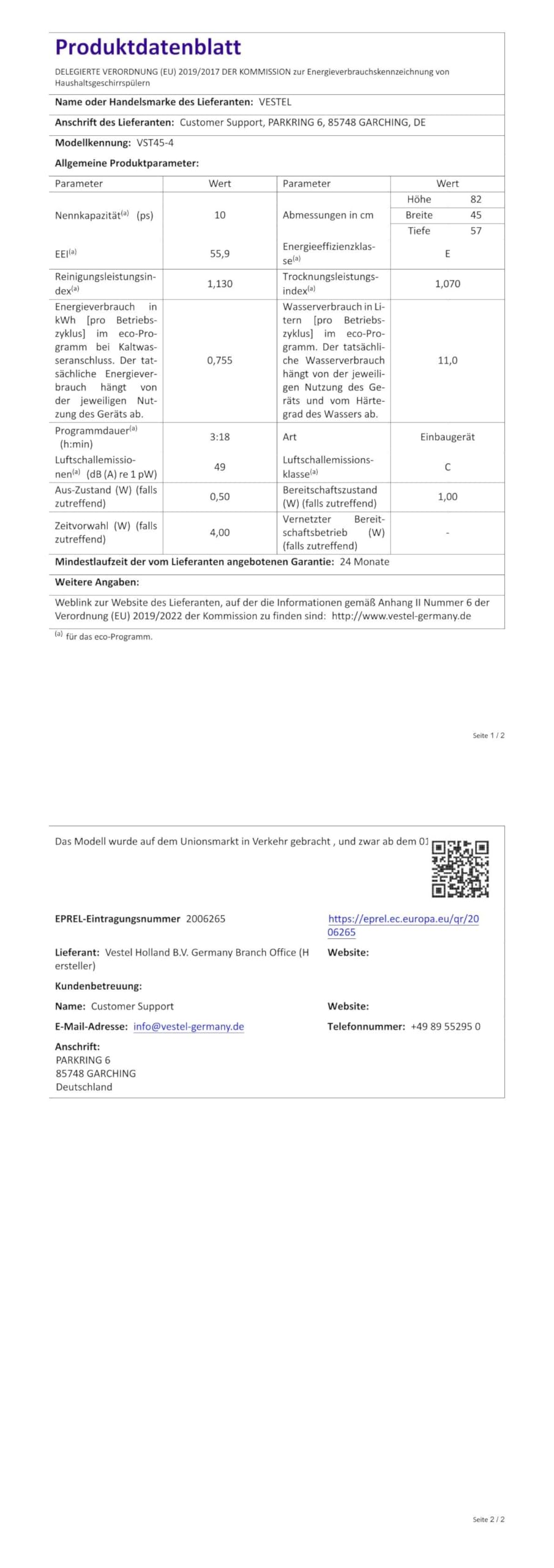 Vestel VST45-4 teilintegrierter Geschirrspüler 45 cm 10 Maßgedecke 4 Programme Energieklasse E