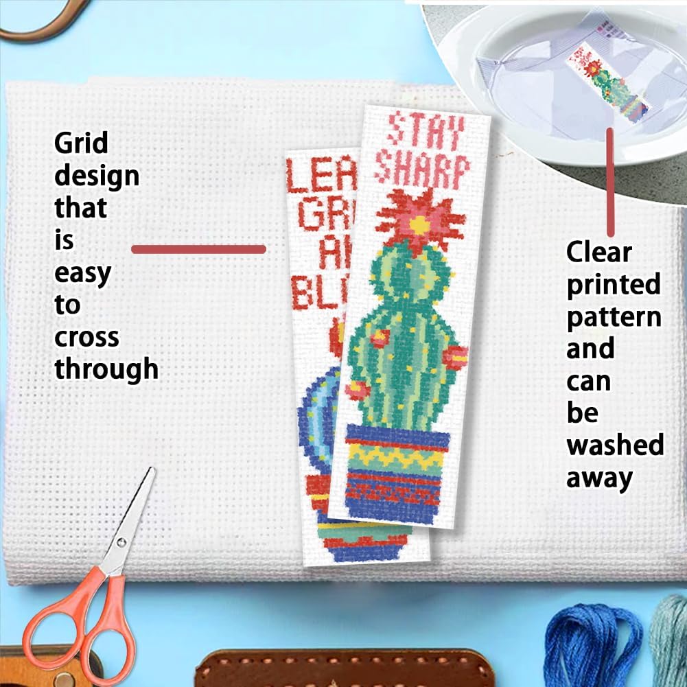 FREEBLOSS 6 Set Cross Stitch Bookmark Kits Cactus Potted Plant Pattern Stamped Cross Stitch Kit 11CT Embroidery Kit with Instructions for Beginners 20x6cm/8x2.4inch image 3
