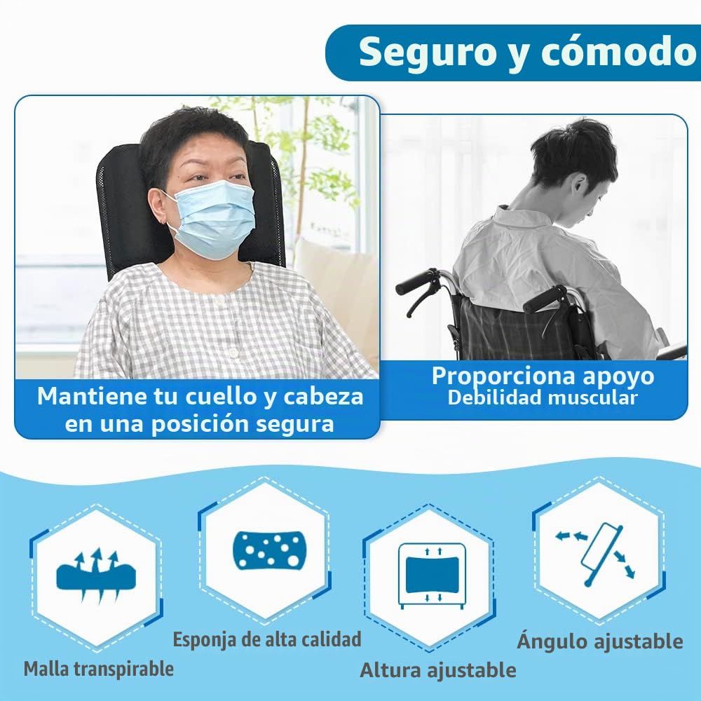 Soporte para cuello Reposacabezas silla de ruedas Acolchado de la cabeza Cojín portátil y ajustable para 16-20” Adultos viaje sillas de ruedas de universal Accesorios (negro)