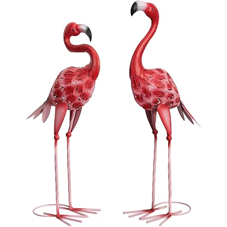 Vivid Metal Flamingo Yard Art, Set of 2