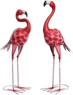 XONOR Set of 2 Metal Pink Flamingo Garden Statues - Realistic Outdoor Yard Art Sculptures for Patio Lawn Backyard Decor