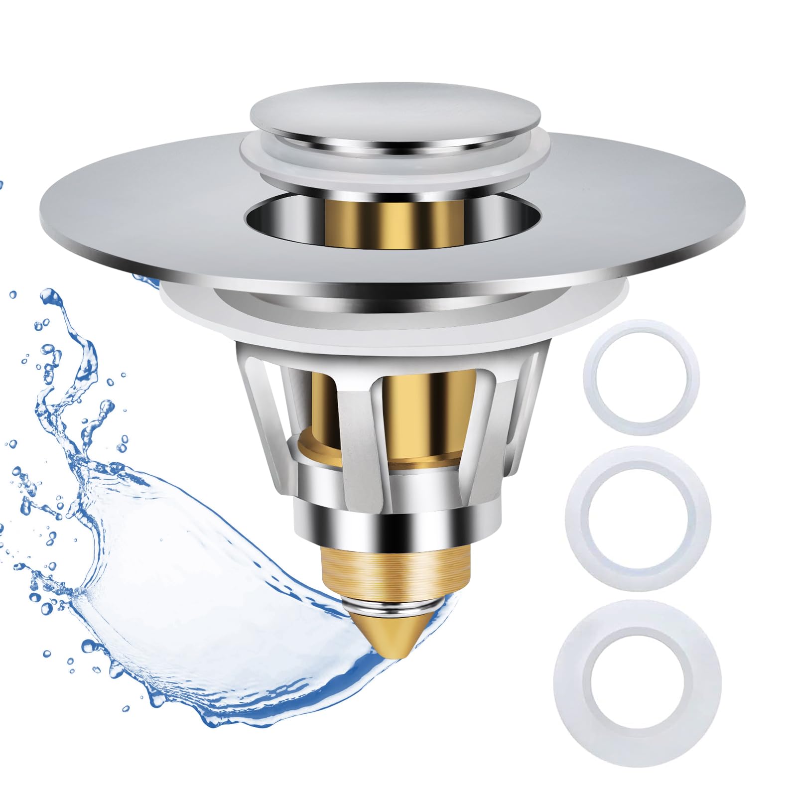 2-Pack Bathroom Sink Stopper Drain Plug - Universal Fit For 1.1" To 1.85" Holes - Pop-Up Design With Hair Catcher - Solid Brass - View #10