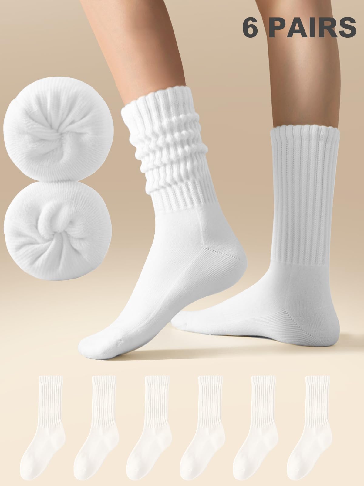 HAVE A TREE 3-6 Pack Women's Slouchy Crew Socks - White Cushioned Scrunch Boot Socks Size 5-11: 5-13 6 Pairs White