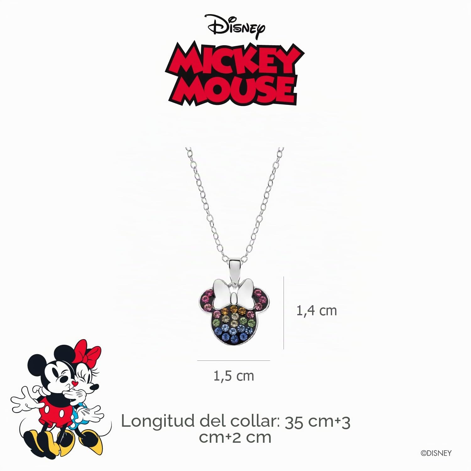 Collar de Minnie Disney de Plata con Circonitas para Niña, color Arcoíris, 45 cm