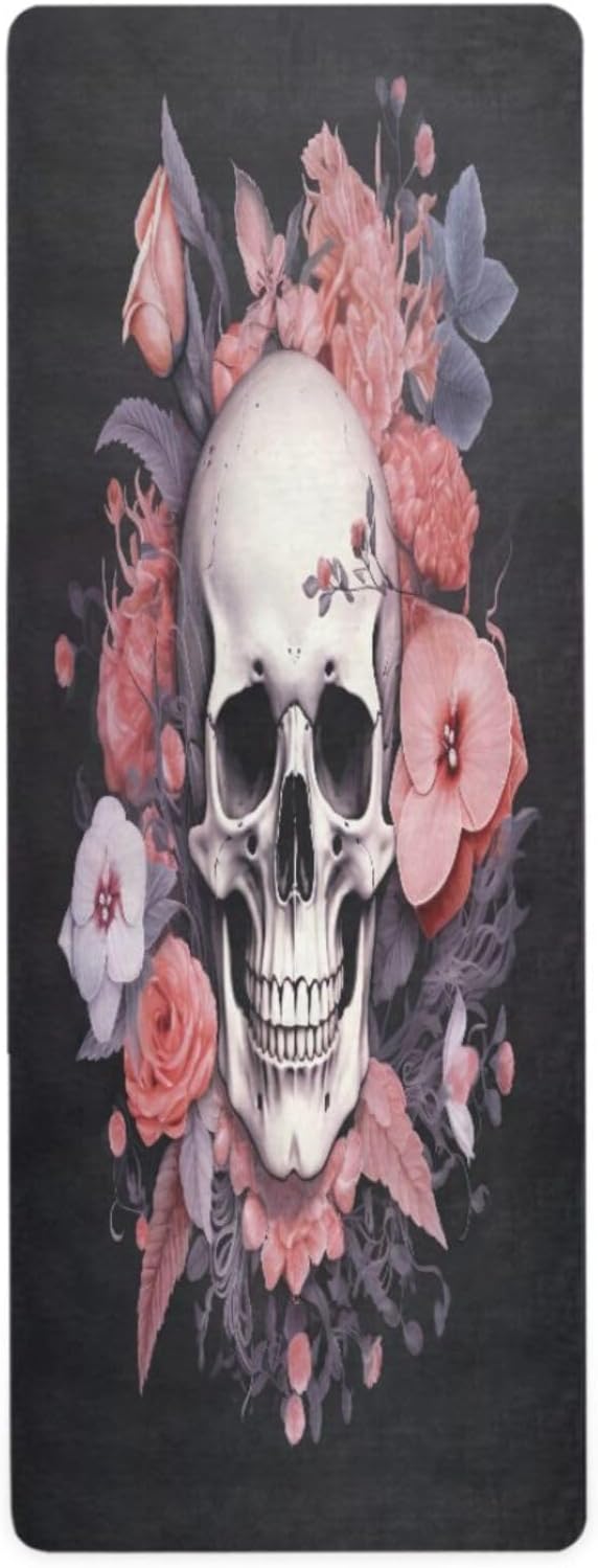 Rose Floral Sugar Skull Yoga Mat Non Slip Natural Rubber Fitness Exercise Mat for Home Workout Gym Stretching Pilates Mats with Carrying Bag 71