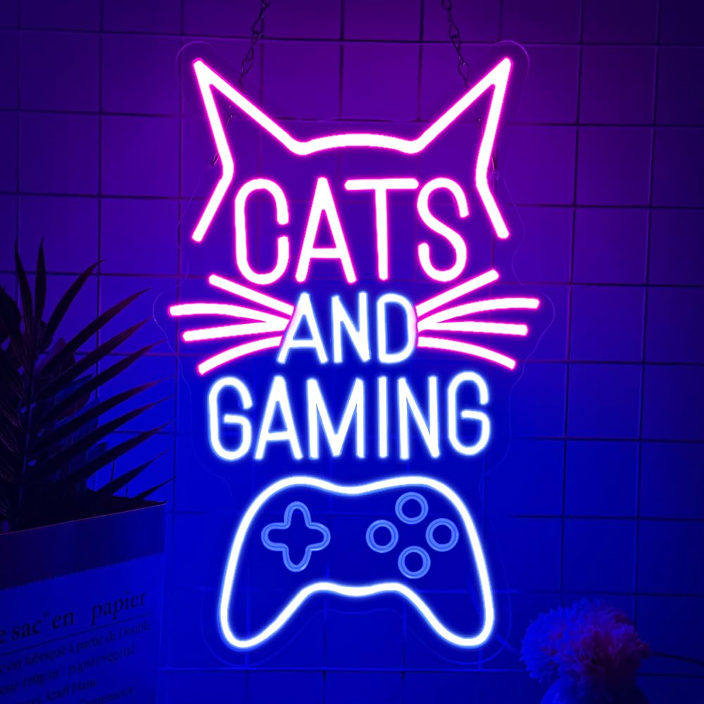 Cats and Gaming Panneau Néon, Panneaux de Lumière Néon Gaming Cat pour la Décoration Murale de la Salle de Jeux, de la Chambre à Coucher Cadeau d'Anniversaire pour les Enfants, Garçons et Filles