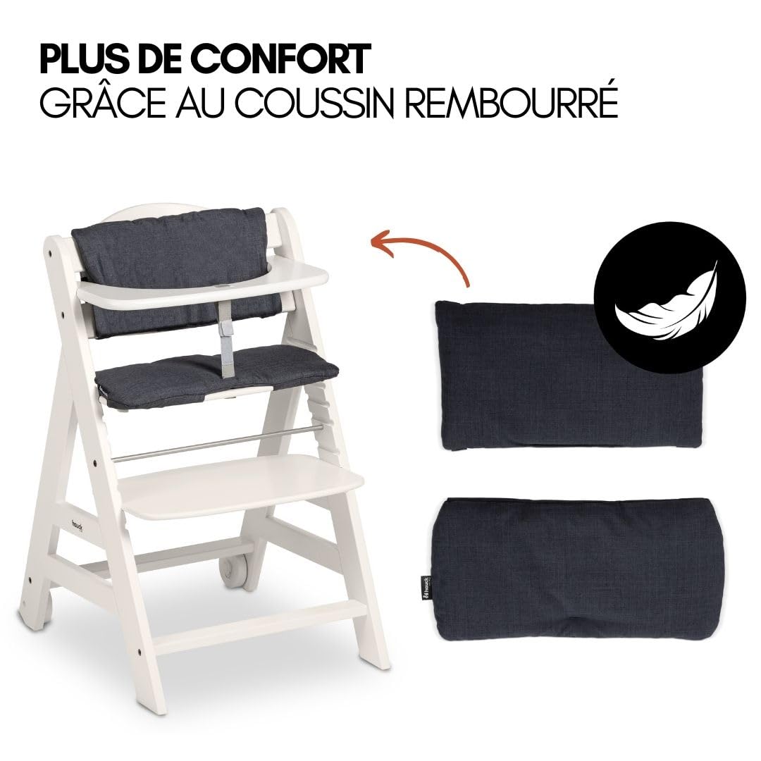 hauck Chaise Haute Bébé Beta+ avec Siège Nouveau-né 2 en 1 – White | Chaise haute évolutive en bois, de la naissance à 90 kg, inclus assise bébé, roues, plateau repas, coussin