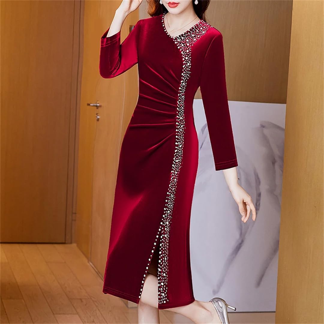 Fnfmrfmr Vestido de terciopelo rojo de manga larga para mujer, vestido de oficina con cuello en V, maxi vestido dividido