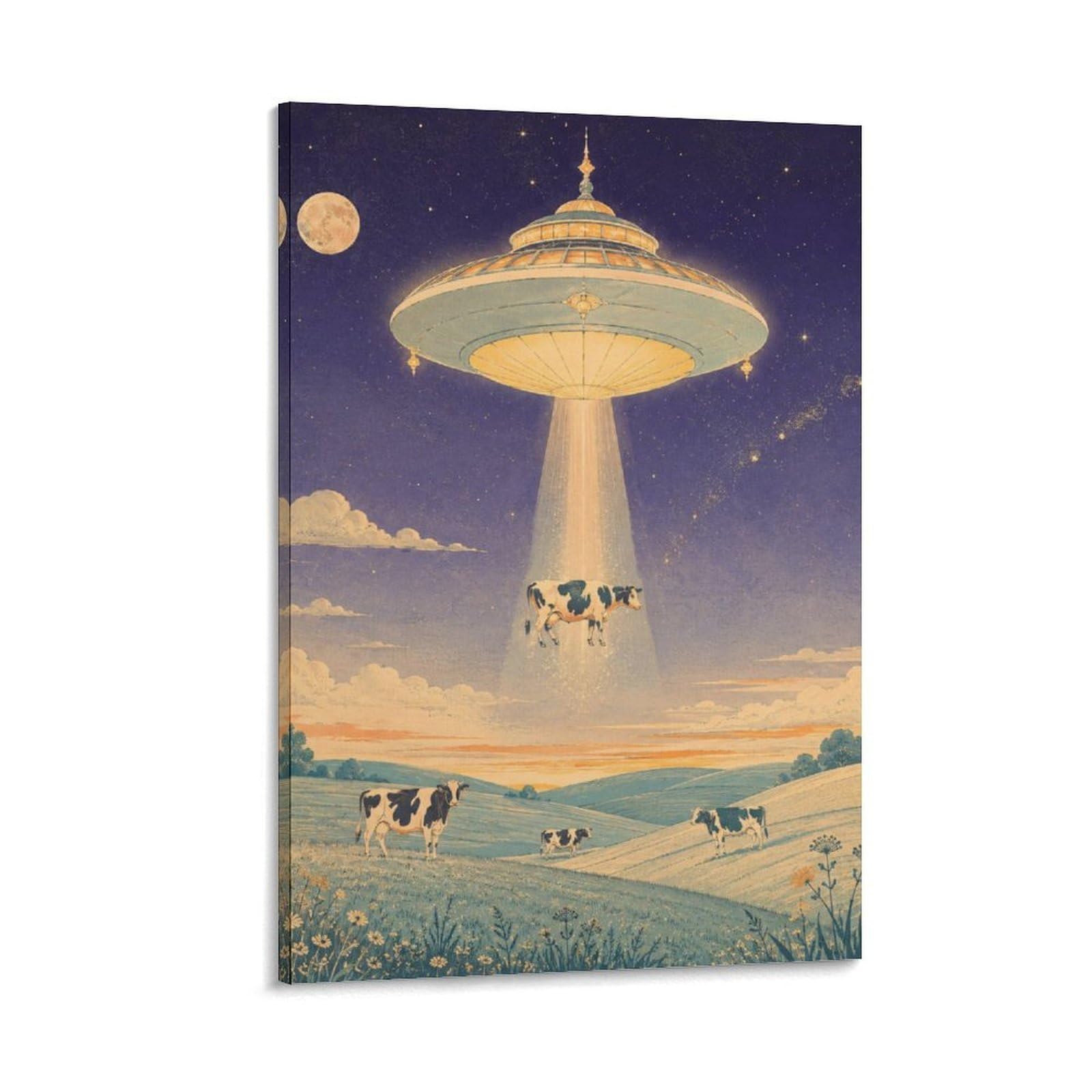 W7C8U2X3 UFO Cattle Moonlit Pasture Canvas Wall Art, Whimsical Cat Wall Art