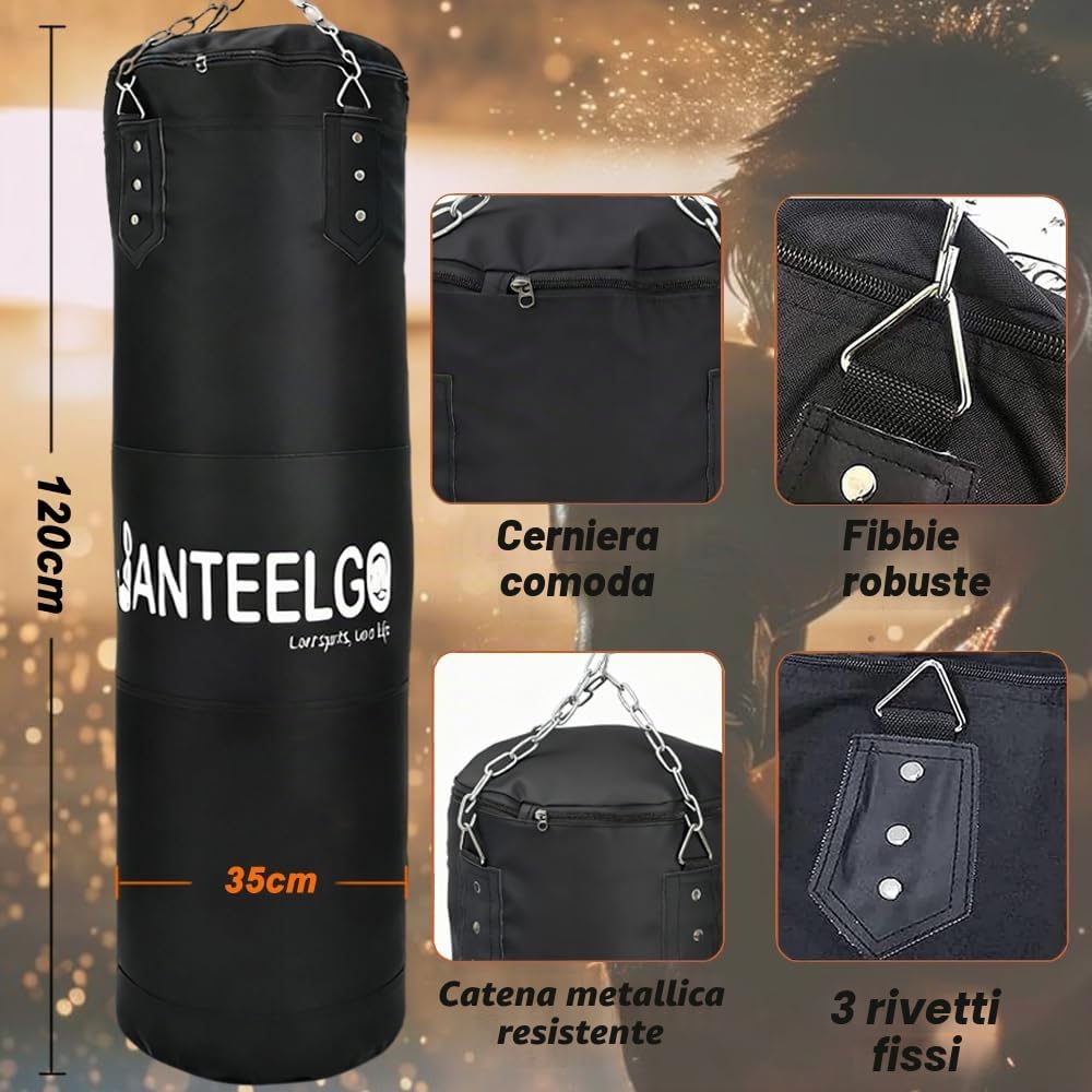 Sacco da Boxe Professionale per Adulti: JanTeelGO 120cm Non Riempito Sacco da Box Kit con Soffitto Pesante & Catena in Acciaio - Sacco da Box per MMA, Kickboxing, Muay Thai,Karate