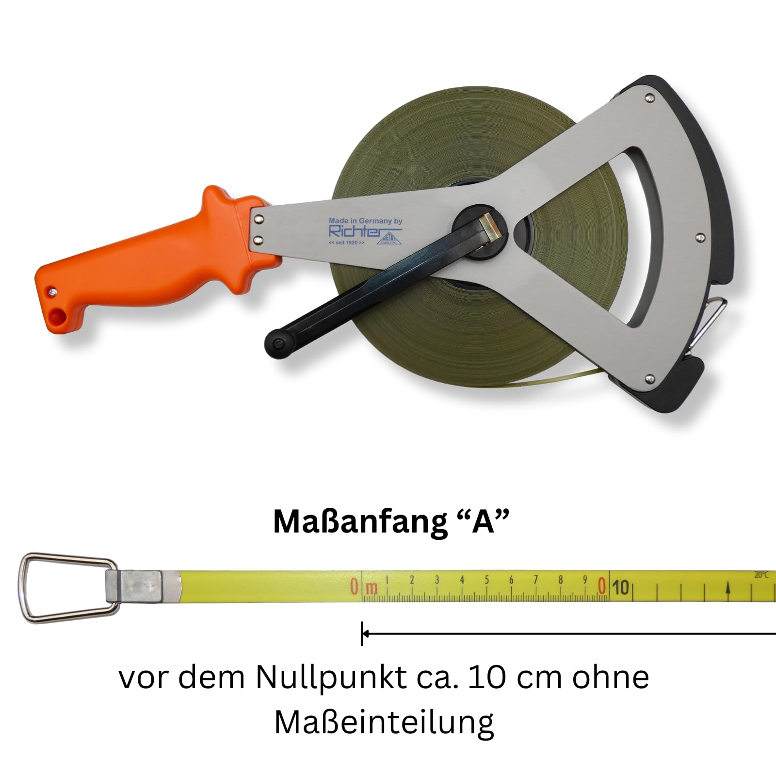 Richter Mètre Ruban Acier "METRI-POLYSAN" 13mm avec Cadre en métal léger en V - Longueur 15m - Ruban enrobé de Polyamide - Début de Mesure "A" - Graduation en cm - Inclut un Mètre Pliant DEWEPRO 2m