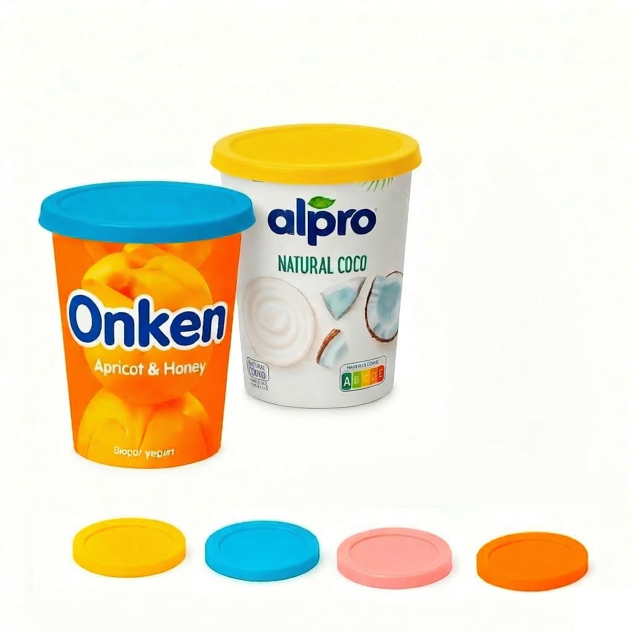 XILMARK JoghurtDeckel 500g, Wiederverwendbarer Deckel für Joghurtbecher, Dosendeckel Wiederverwendbar Silikondeckel Joghurt 500 G, Joghurt Kunststoff-Deckel, Joghurt Mehrwegfrischedeckel, (PACK 4)