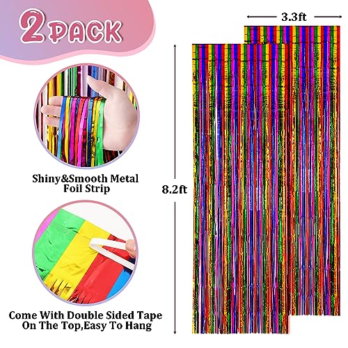 Image of Voircoloria 2 Pack 3.3x8.2 Feet Rainbow Foil Fringe Backdrop Curtains, Tinsel Streamers Birthday Party Decorations, Fringe Backdrop for Graduation, Baby Shower, Gender Reveal, Disco Party