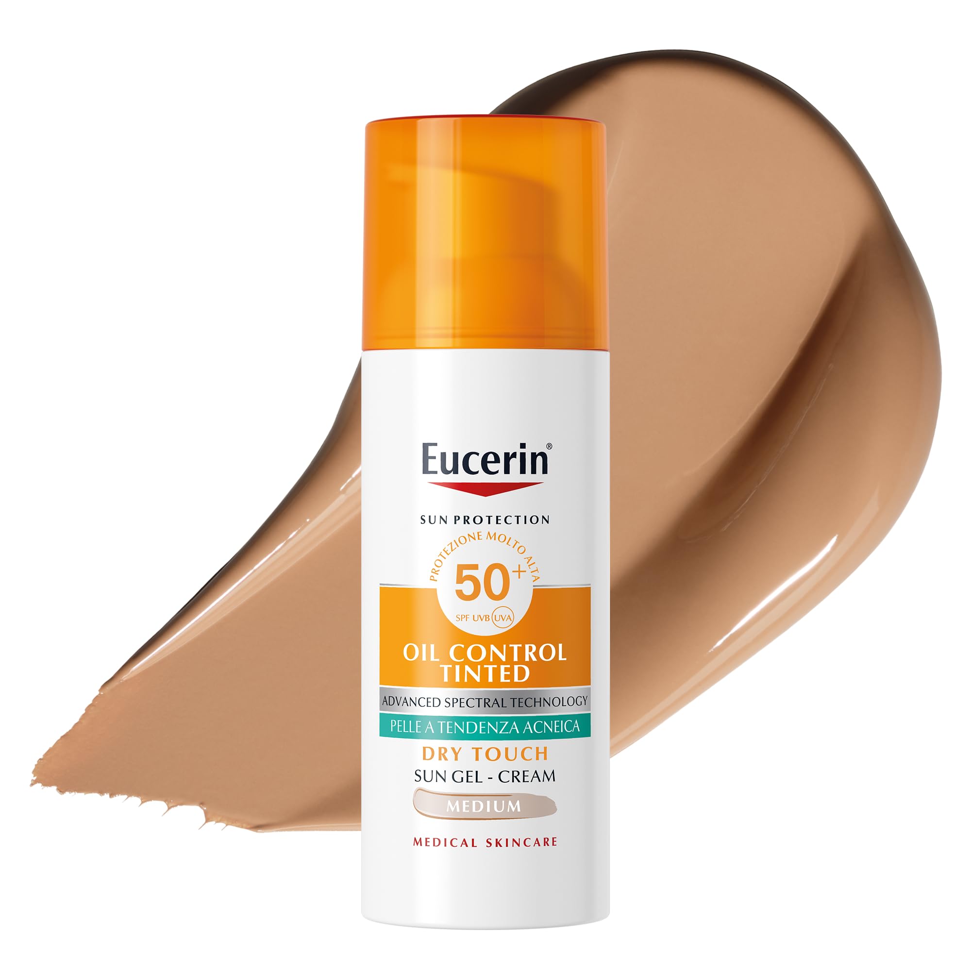 Eucerin Oil Control Tinted Dry Touch Medium SPF50+ 50 ml, Crema solare viso 50+ colorata e opacizzante, Protezione solare viso 50+ senza profumo, Texture leggera per pelle grassa, acneica e sensibile