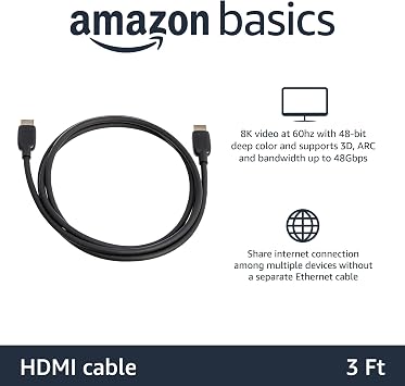 Amazon Basics HDMI 2.1 Cable, 8K@60Hz 4K@120Hz, 48 Gbps Ultra High Speed, 3 Feet, Compatible with PS5/Xbox/TV/Monitor, Black