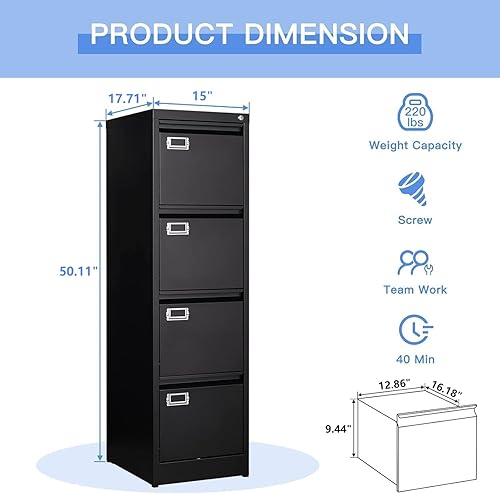 Miniatura 3 de Yizosh Archivador negro de 4 cajones con cerradura, archivadores para oficina en casa, gabinetes de almacenamiento de archivos de oficina con