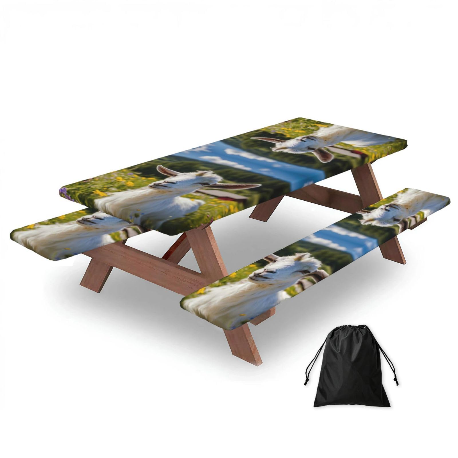 Zyjhyy Black Goat Print Party Table Covers With Bench Covers Set Of 3 Picnic Table Cloth Wipe Clean For Garden Camping