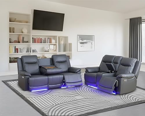 Juego de sofá reclinable eléctrico de cuero transpirable, juego de sofá reclinable con puerto LEDUSBportavasos, juego de 2 piezas con sofá