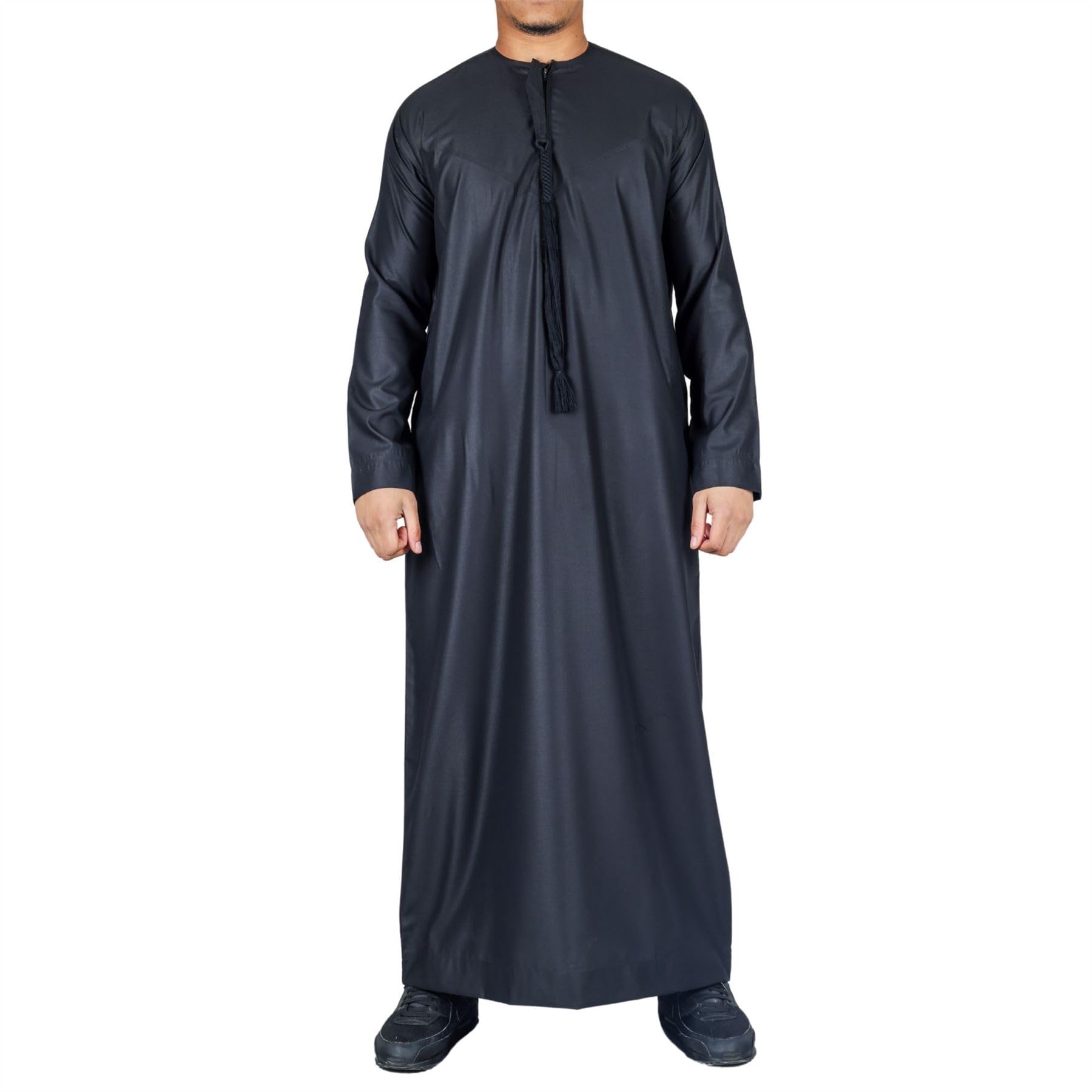 Thobez Men's Black Regular Thobe Emirati Omani Jubba Islamic Clothing Muslim Kaftan Eid Robe Arab String Tassel - 58