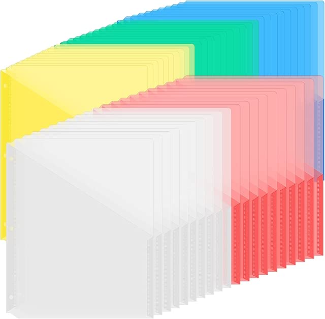50 Pack Binder Pockets 3 Hole Punch Clear Plastic Document Folders Binder Organizer Letter Size Plastic Folders with Pockets Slash File Jacket for Office (Fresh Color,9.25 x 11.22 Inch)