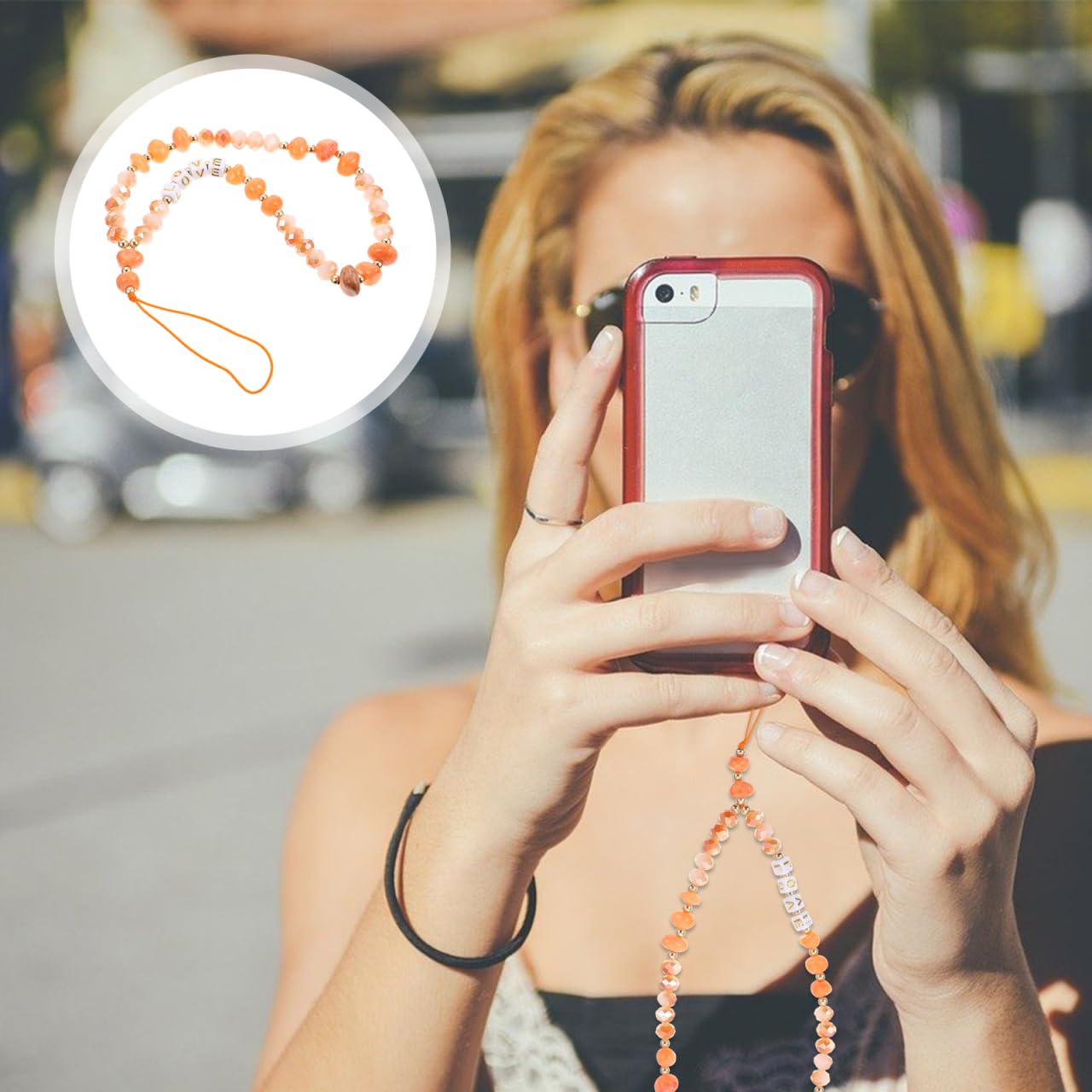 SEWACC Lanière Portable pour Téléphone avec Perles Décoratives Antidérapante Orange