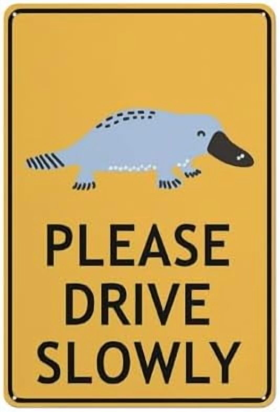 (2-Pack) Metal Tin Sign Platypus Cartoon Please Drive Slowly Sign Warning Sign Home Kitchen Farm Garden Garage Wall Decor 12X8 Inch