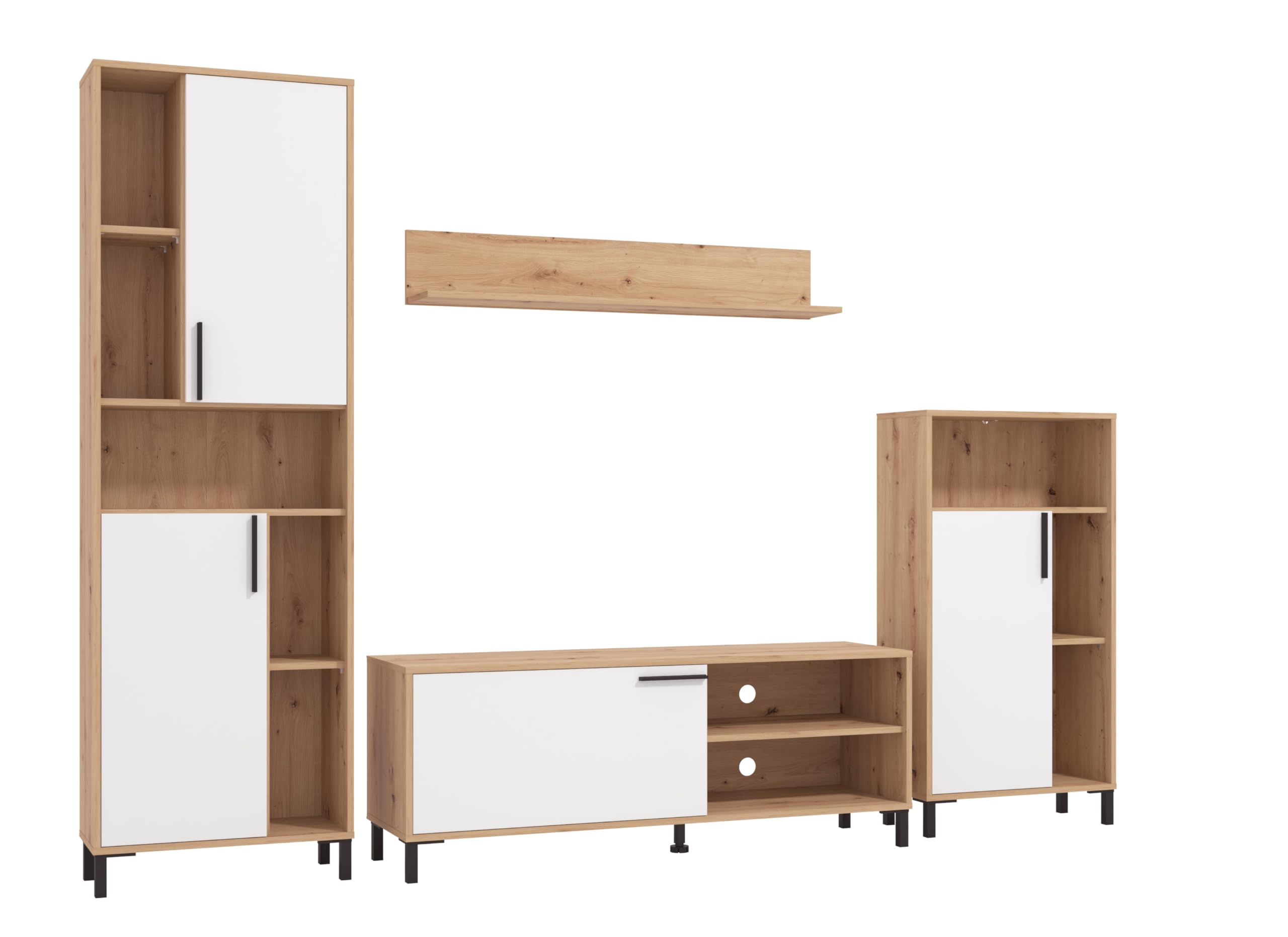 AVANTI TRENDSTORE - Austis - Parete attrezzata in legno laminato nel colore quercia Artisan/bianco lucido con tanti vani aperti, 4 ante e 1 mensola a muro. Dimensioni LAP ca. 279x192,5x38cm